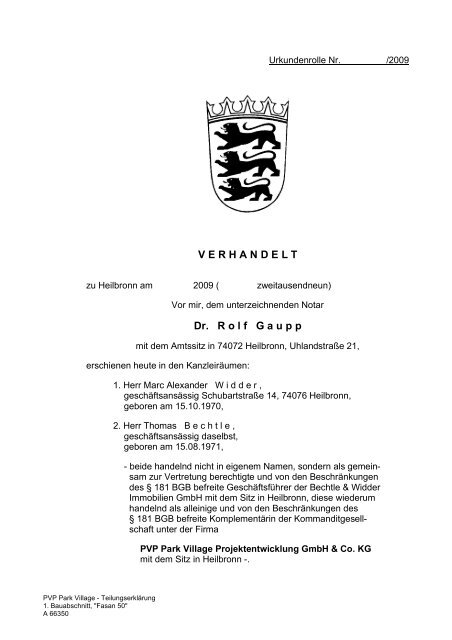 Teilungserklärung - Bechtle & Widder