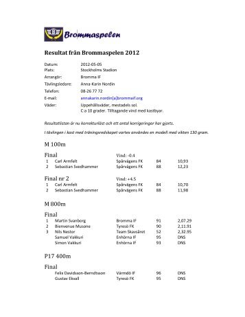 Korrekturlästa resultat Brommaspelen 2012 - Bromma IF