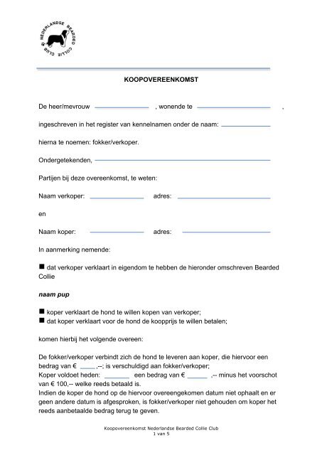 KOOPOVEREENKOMST De heer/mevrouw , wonende te ...