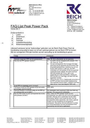 FAQ-Lijst Peak Power Pack - Reich