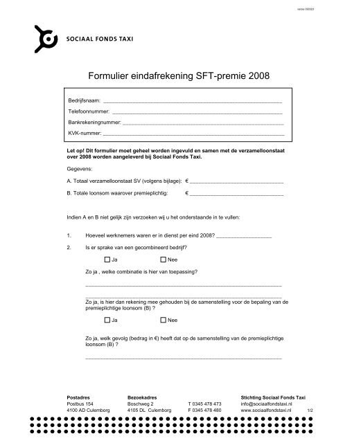 Formulier eindafrekening SFT-premie 2008 - Sociaal Fonds Taxi