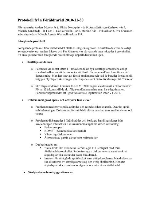 Protokoll från Föräldraråd 2010-11-30