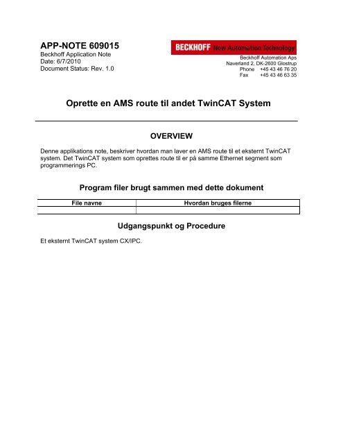 APP-NOTE 609015 Oprette en AMS route til andet TwinCAT System