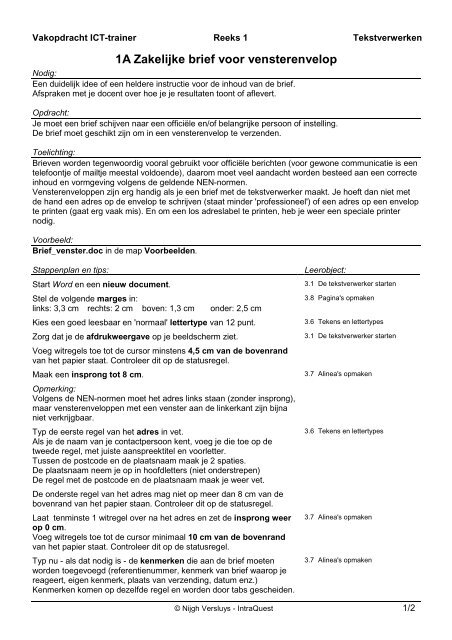 1a Zakelijke Brief Voor Vensterenvelop Intraquest