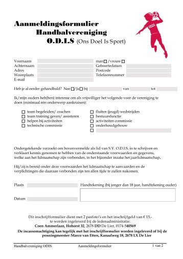 Aanmeldingsformulier Handbalvereniging - ODIS