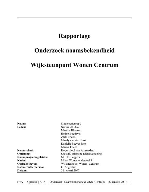 Rapportage Onderzoek naamsbekendheid Wijksteunpunt Wonen ...