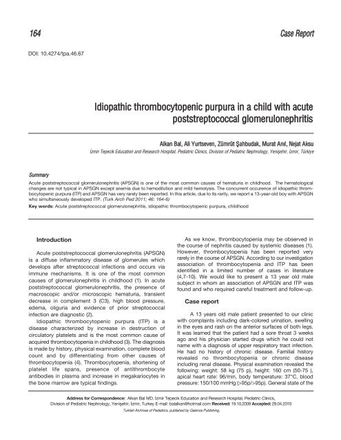 Idiopathic thrombocytopenic purpura in a child with acute ...