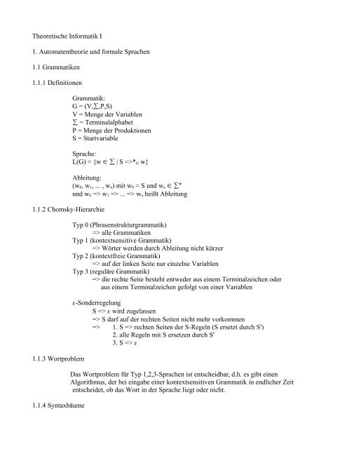 Theoretische Informatik I 1. Automatentheorie und formale Sprachen ...