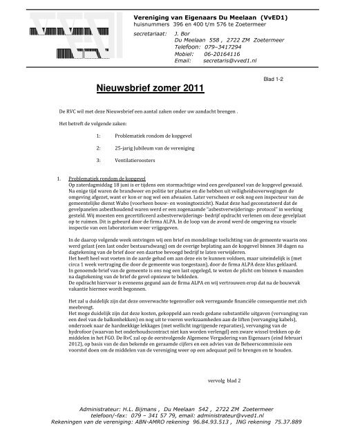 Nieuwsbrief zomer 2011.pdf - Vereniging van Eigenaars