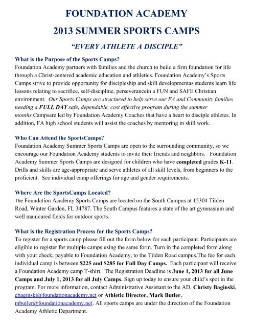 Summer Sports Camp Info Foundation Academy