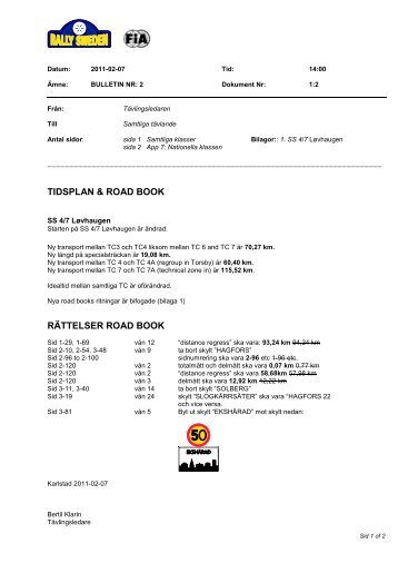 TIDSPLAN & ROAD BOOK RÄTTELSER ROAD BOOK - Rally Sweden