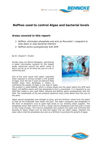 Nophos used to control Algae and bacterial levels