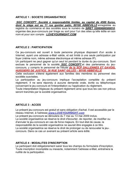 ARTICLE 1 : SOCIETE ORGANISATRICE SGC CONCEPT ,Société ...