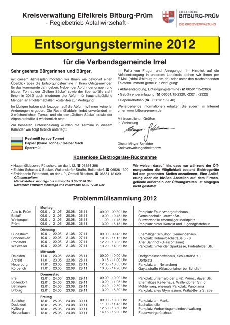 Entsorgungstermine 2012 für die Verbandsgemeinde Irrel ...