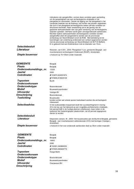 Catalogus archeologische onderzoeken gemeente Bergeijk