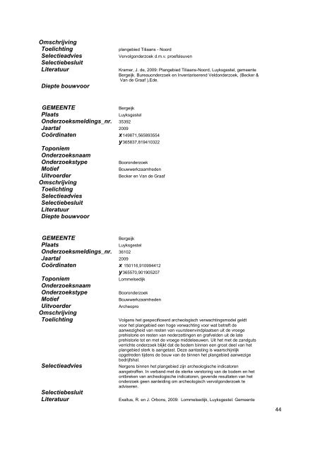 Catalogus archeologische onderzoeken gemeente Bergeijk