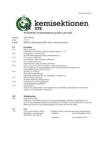 Protokoll fört vid Kemisektionens årsmöte våren ... - Umeå universitet