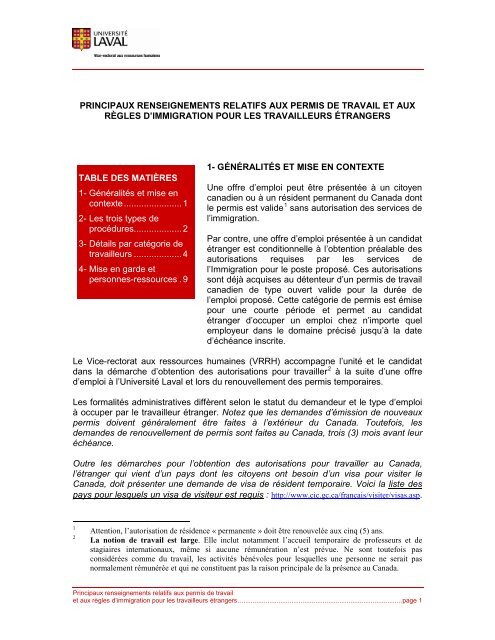 Principaux renseignements relatifs aux permis de travail et aux ...