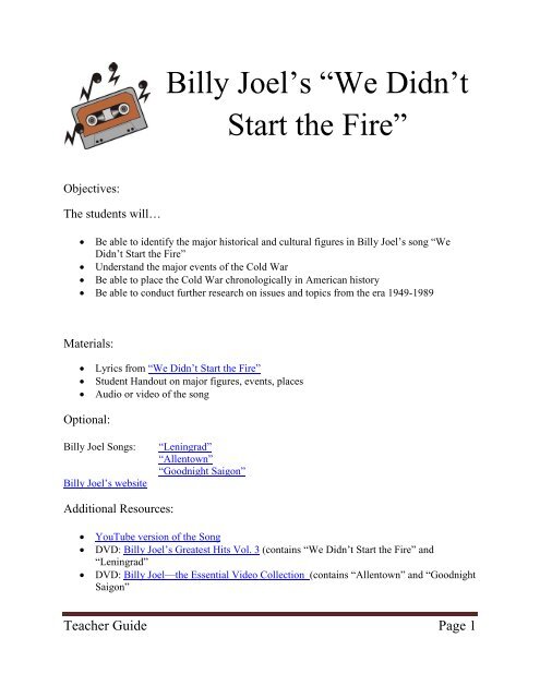 Lesson Plan - Billy Joel's "We Didn't Start the Fire"