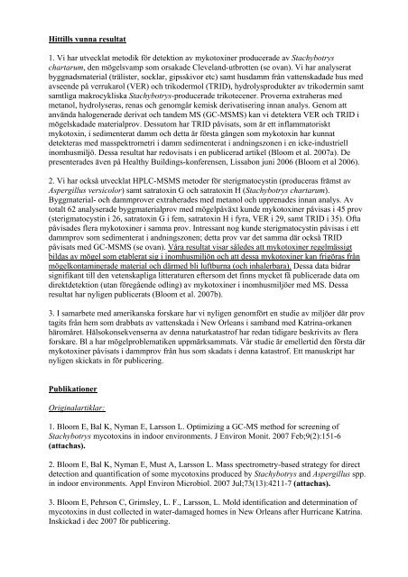 Rapport SBUF-projekt: Mykotoxiner i inomhusmiljöer. Förekomst ...