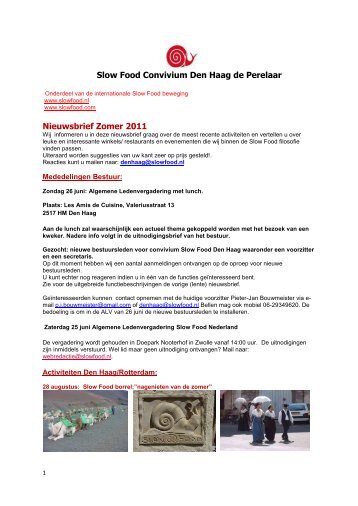 Slow Food Convivium Den Haag de Perelaar Nieuwsbrief Zomer 2011