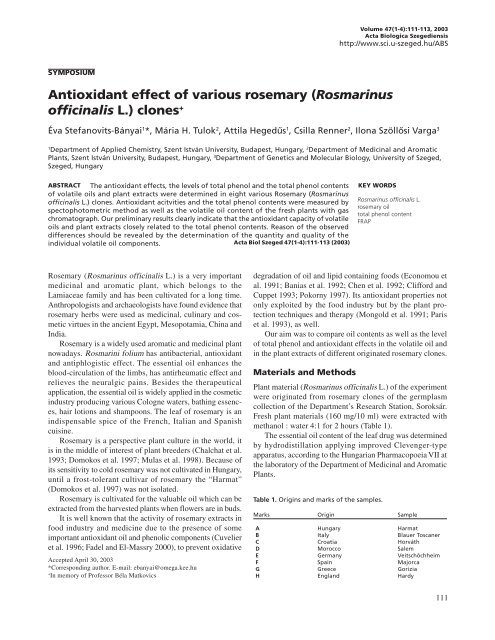 Antioxidant effect of various rosemary (Rosmarinus officinalis L ...