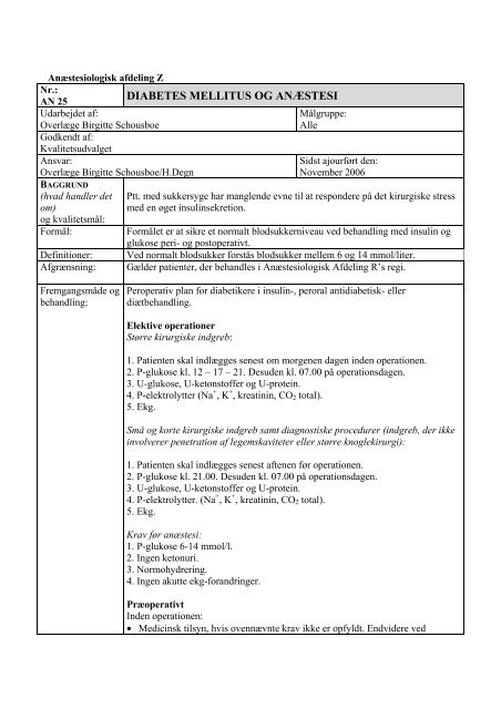 DIABETES MELLITUS OG ANÆSTESI - Erfaringsregistrering
