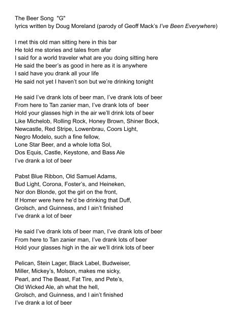 The Beer Song G Lyrics Written By Doug Moreland Parody Of Geoff