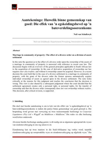 Aantekeninge: Huwelik binne gemeenskap van goed: Die ... - LitNet