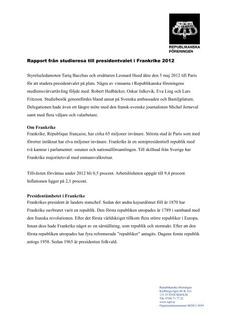 Rapport presidentval Frankrike - Republikanska föreningen