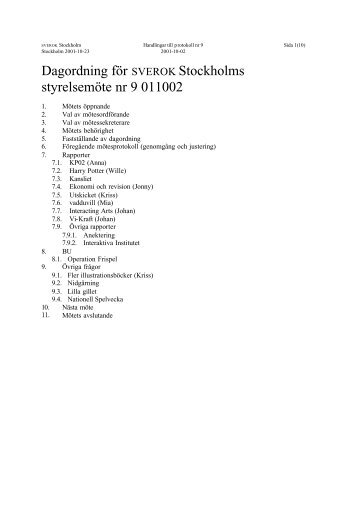 Dagordning för SVEROK Stockholms styrelsemöte nr 9 011002