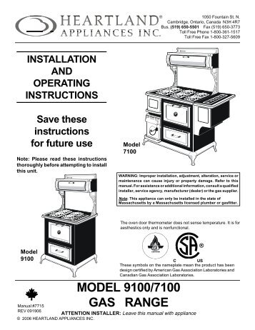 MODEL 9100/7100 GAS RANGE - Fireplaces Rochester NY