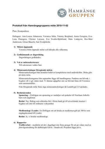Protokoll från Hamrångegruppens möte 2010-11-02