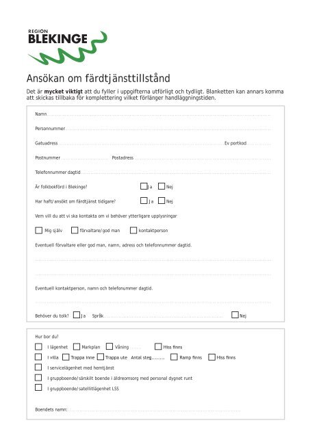 Ansökan färdtjänst - Region Blekinge