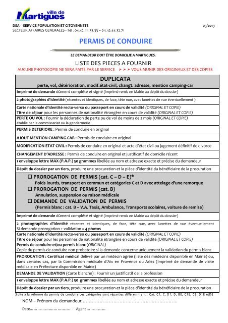 Permis de conduire. Liste des pièces à fournir - Ville de Martigues