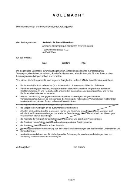 Vertrag über Ziviltechnikerleistungen - Architekt DI Bernd Brandner