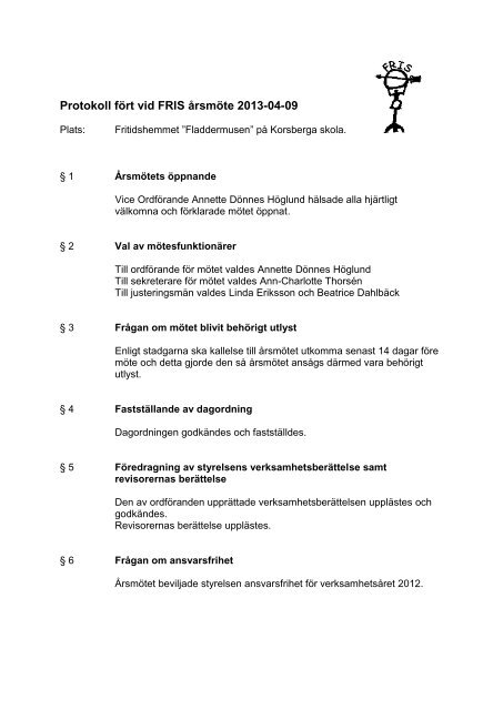 Protokoll fört vid FRIS årsmöte 2013-04-09