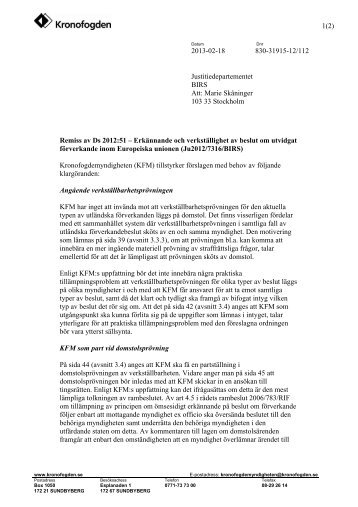 Remiss av Ds 2012:51 - Kronofogden