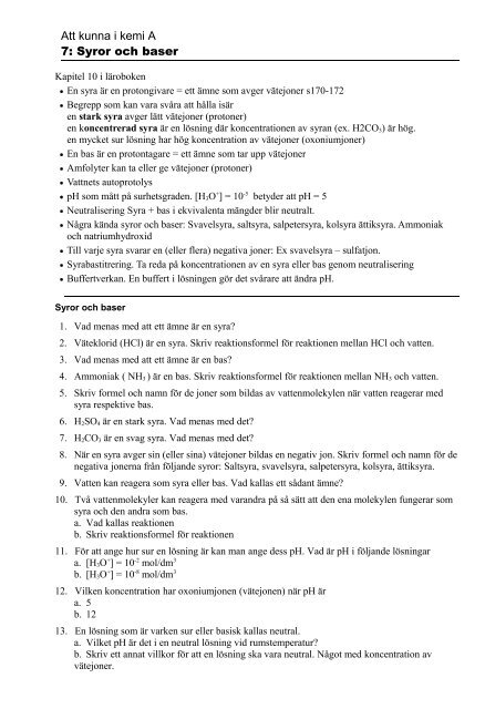 Att kunna i kemi A 7: Syror och baser