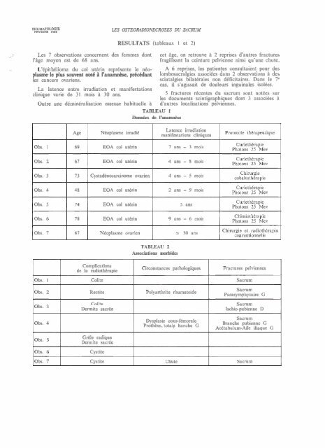 Les ostéoradionécroses du sacrum, Rhumatologie, 1988