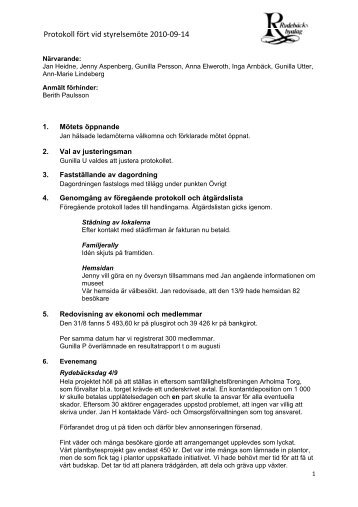 Protokoll fört vid styrelsemöte 2010-09-14 - Rydebäcks Byalag