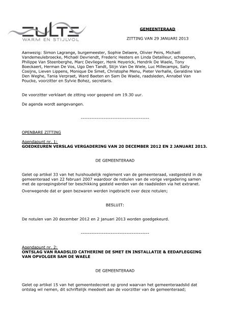 verslag gemeenteraad 29 januari 2013 - Gemeente Zulte