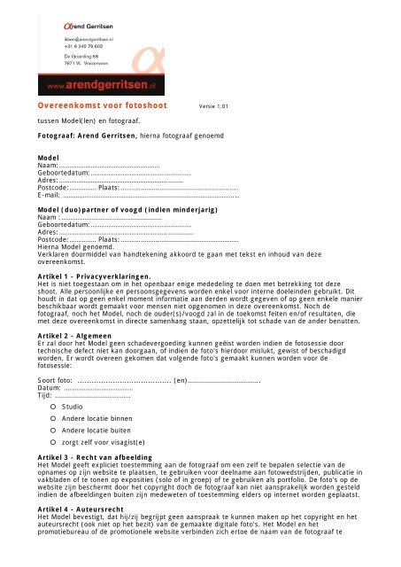 Contract formulier fotografie  Arend Gerritsen