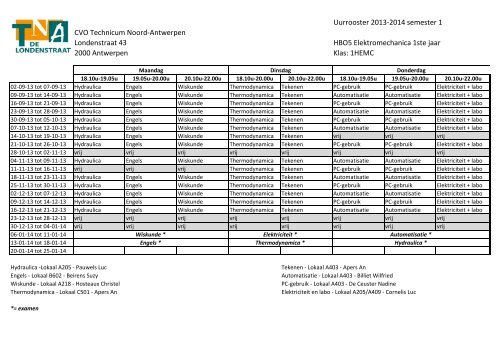 Uurrooster 2013-2014 semester 1 CVO Technicum Noord ...