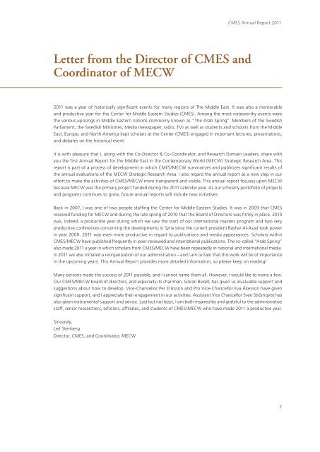 The Middle East in the Contemporary World Annual Report for 2011