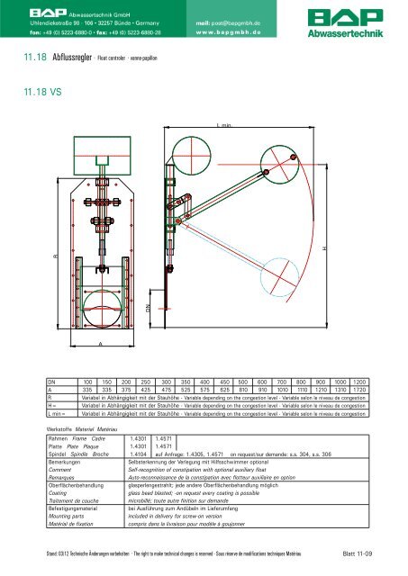 Abflussregler · Float controler · vanne-papillon BAP Abflussregler ...