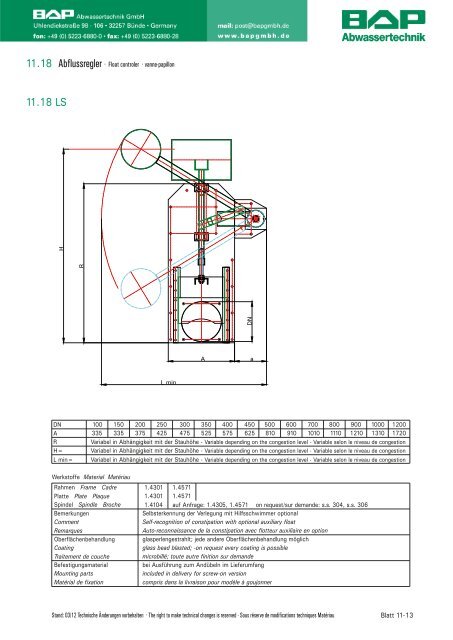 Abflussregler · Float controler · vanne-papillon BAP Abflussregler ...