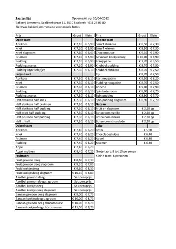 Taartenlijst Bakkerij Lemmens, Spalbeekstraat 11, 3510 Spalbeek ...