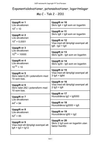 Exponentialekvationer, potensekvationer, logaritmlagar ... - mathprog