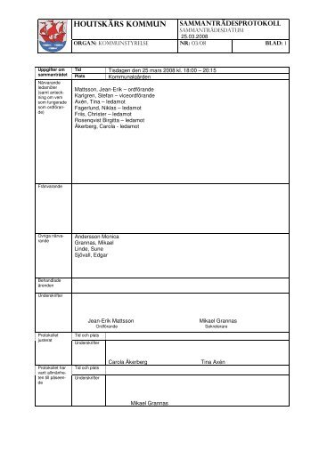 HOUTSKÄRS KOMMUN SA MMA NTRÄD ESPROTOKOLL - Parainen